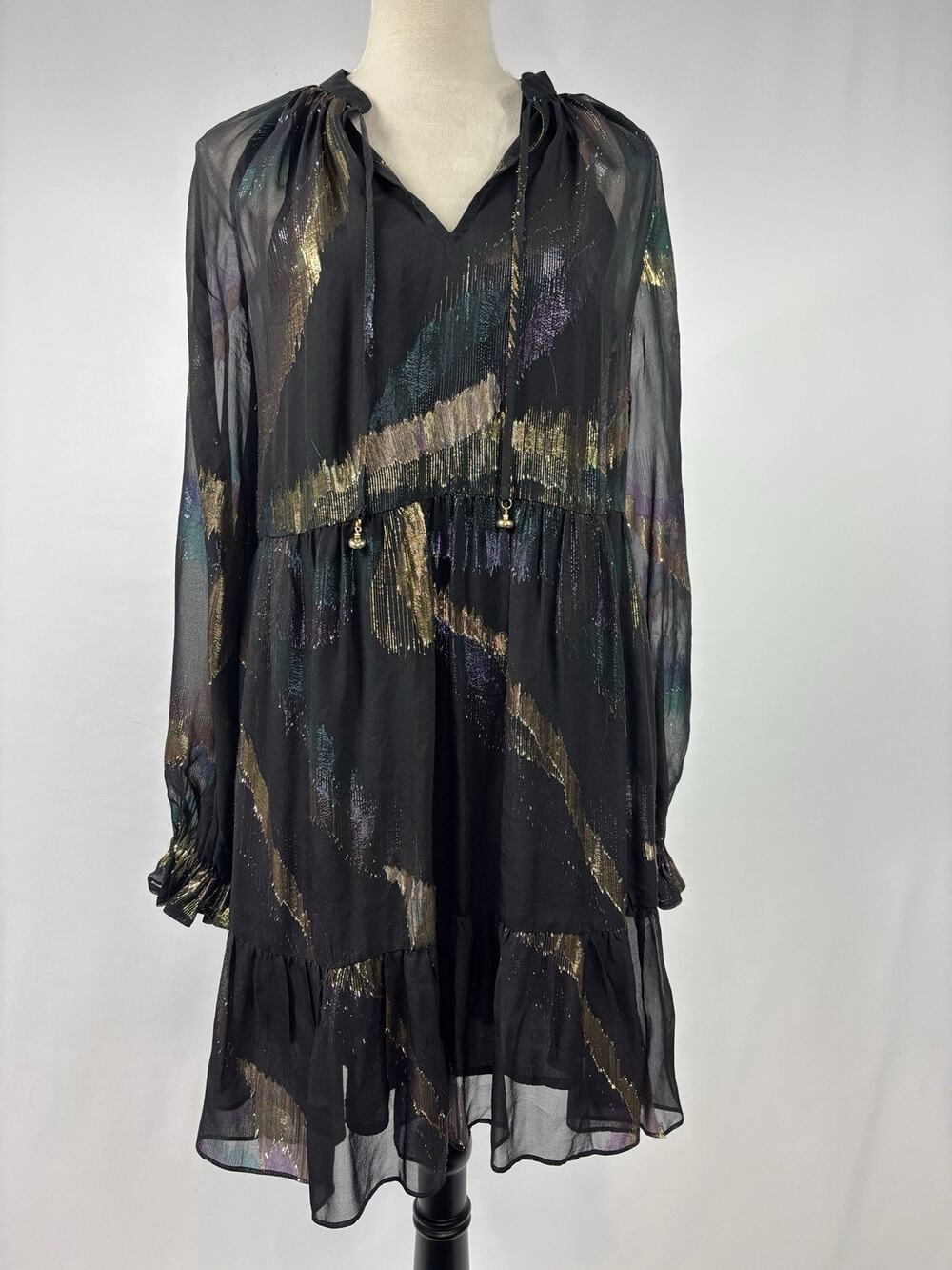 Trina Turk Rhapsodic Long Sleeve Dress Black Gold Metallic Print Medium Sheer